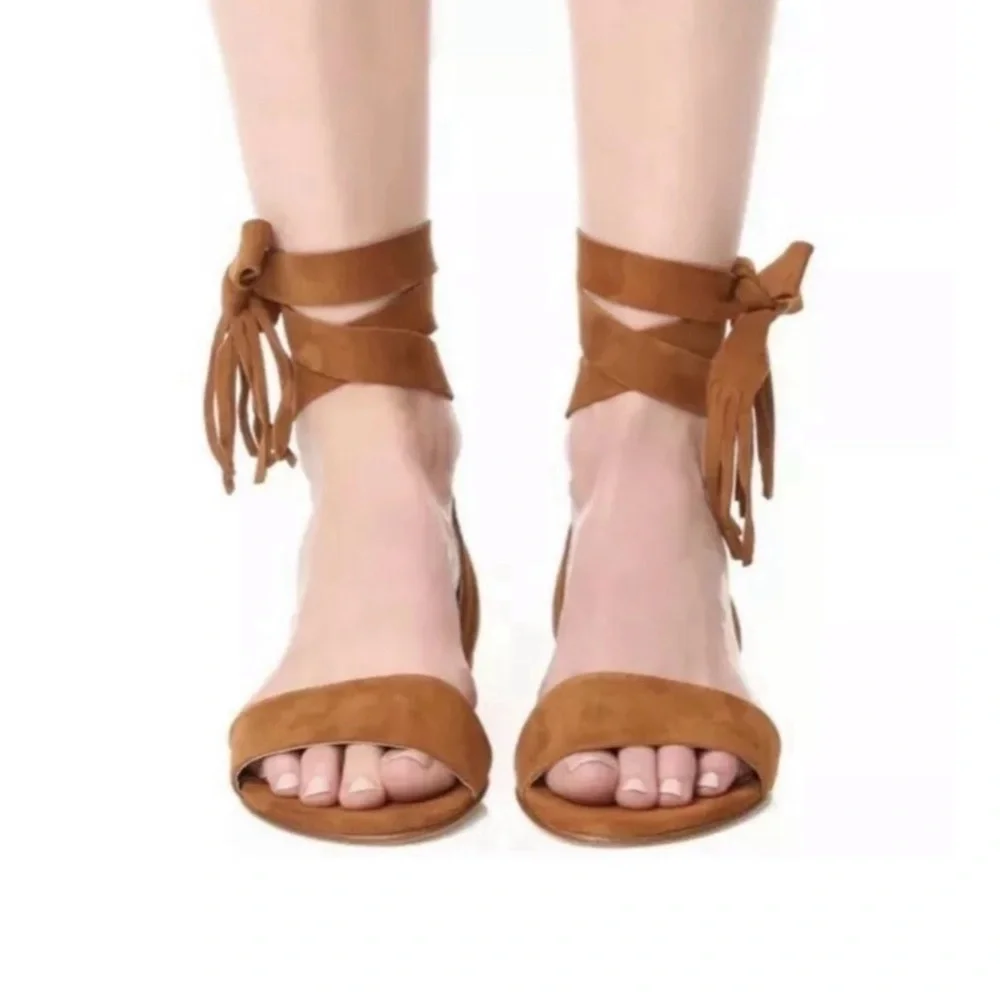 Stuart Weitzman Corbata Tassel Wrap Suede Sandals 6.5